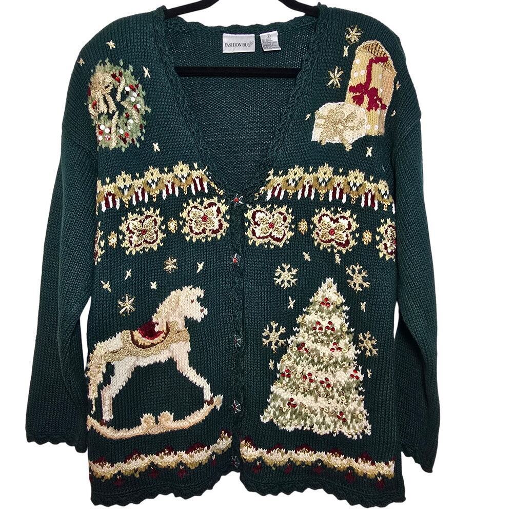 Vintage Holiday Cardigan Knitted Sweater Embroidered Dark Green Women's Large